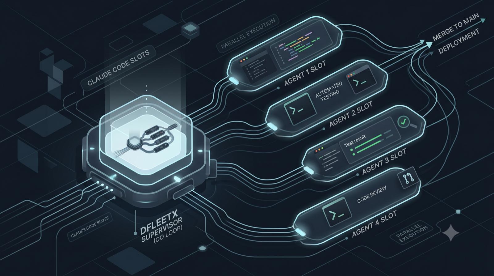 Ilustração da frota de agentes do dev-fleet: quatro slots paralelos ligados a um núcleo central que contém uma réplica menor da própria frota