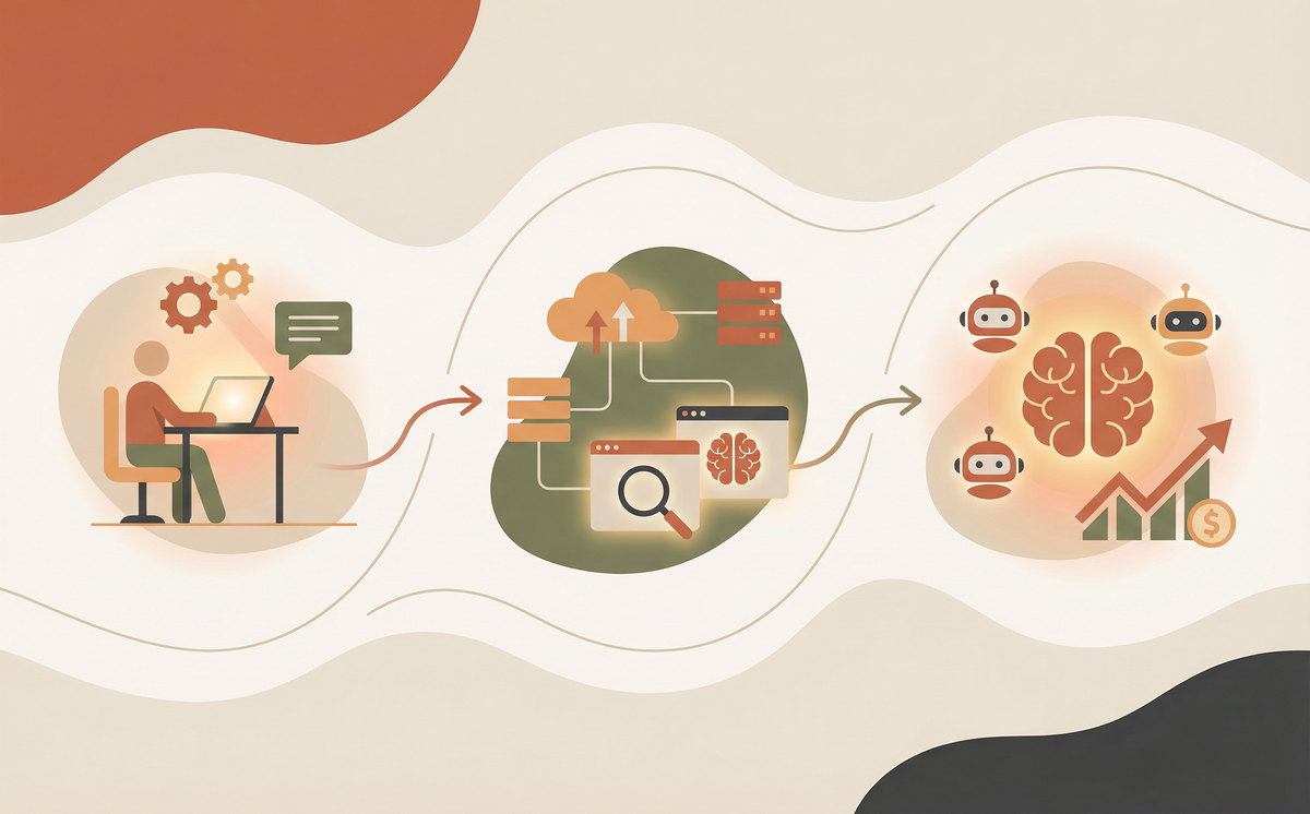 Fluxo em tres etapas mostrando onboarding, configuracao de agentes e resultados operacionais.