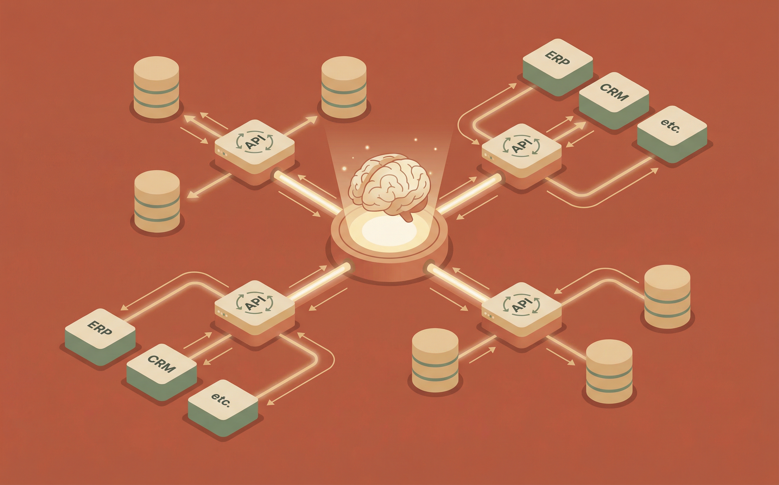 Fluxo de integracoes conectando agentes, APIs e automacoes de negocio.