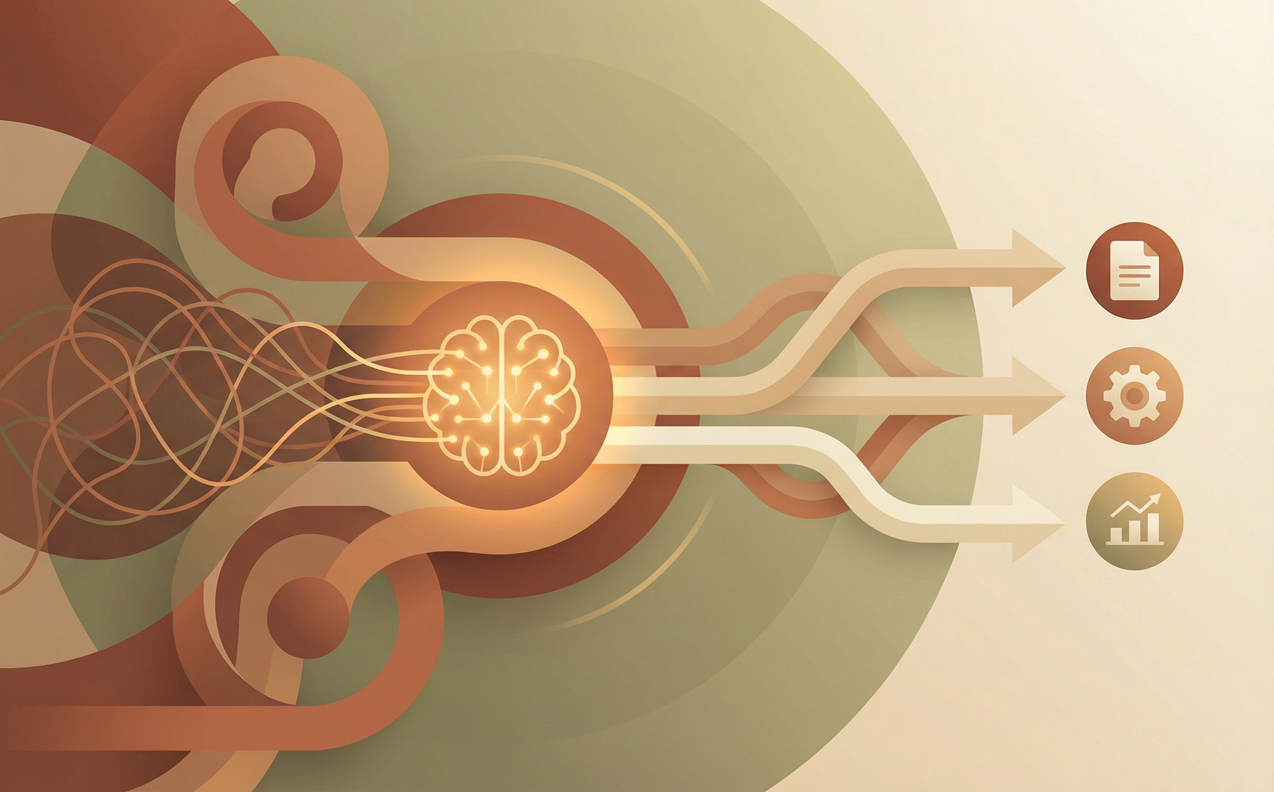 Fluxo visual representando transformacao de complexidade operacional em resultados com IA.