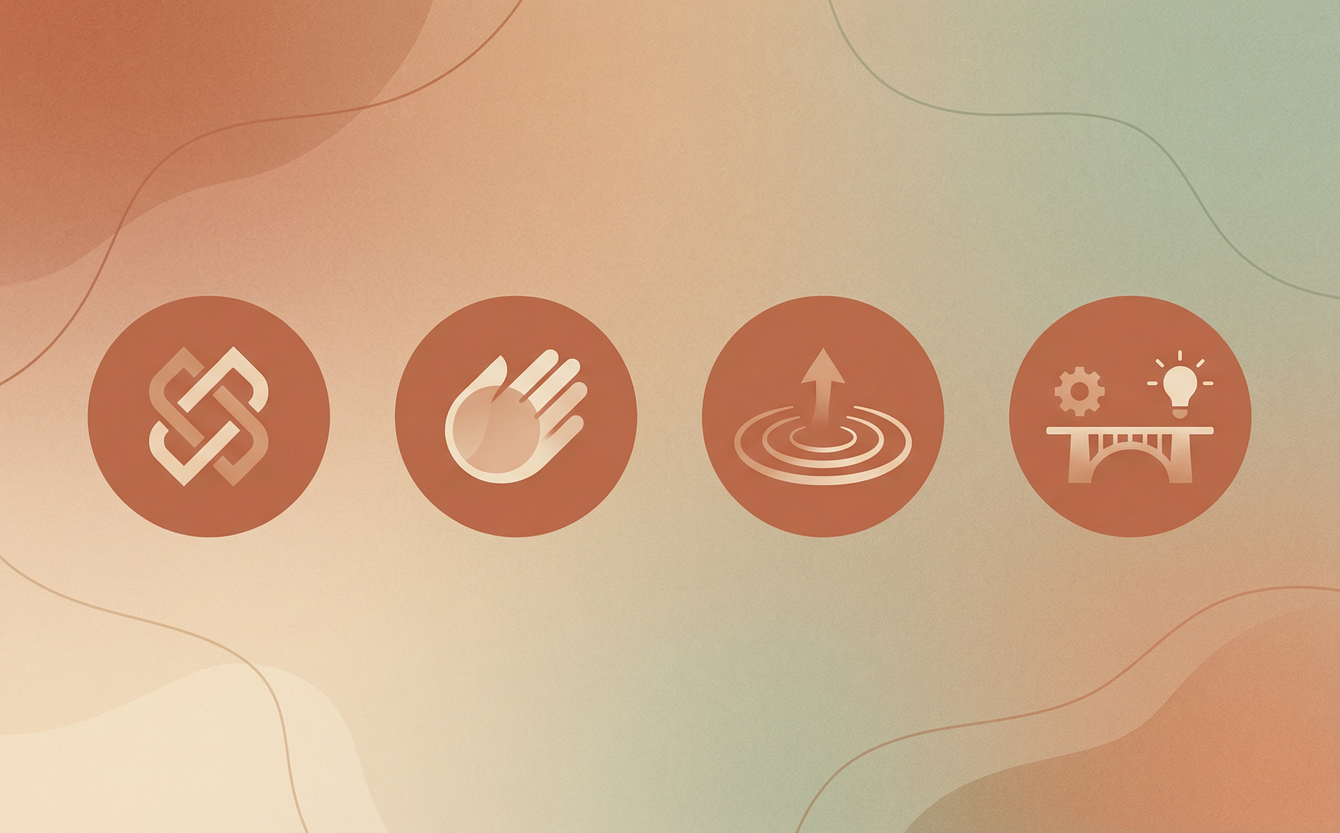 Simbolos visuais que representam os valores da Lab019: simplicidade, transparencia, impacto real e inovacao acessivel.